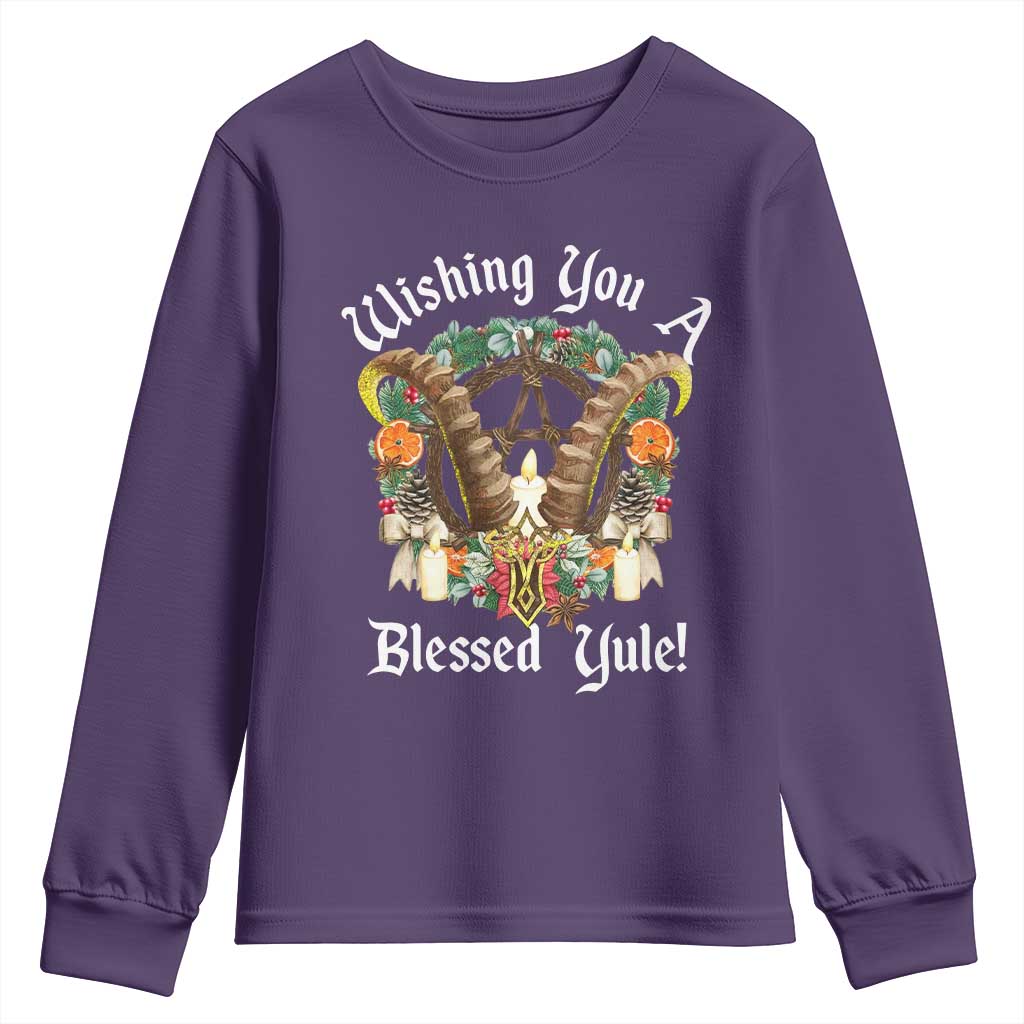 Wishing You A Blessed Yule Youth Sweatshirt Yule Goat Pagan TS11 Purple Print Your Wear