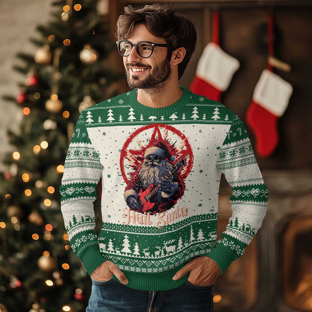 Funny Xmas Hail Santa Ugly Christmas Sweater Sleigher Heavy Metal TS11 Green Print Your Wear