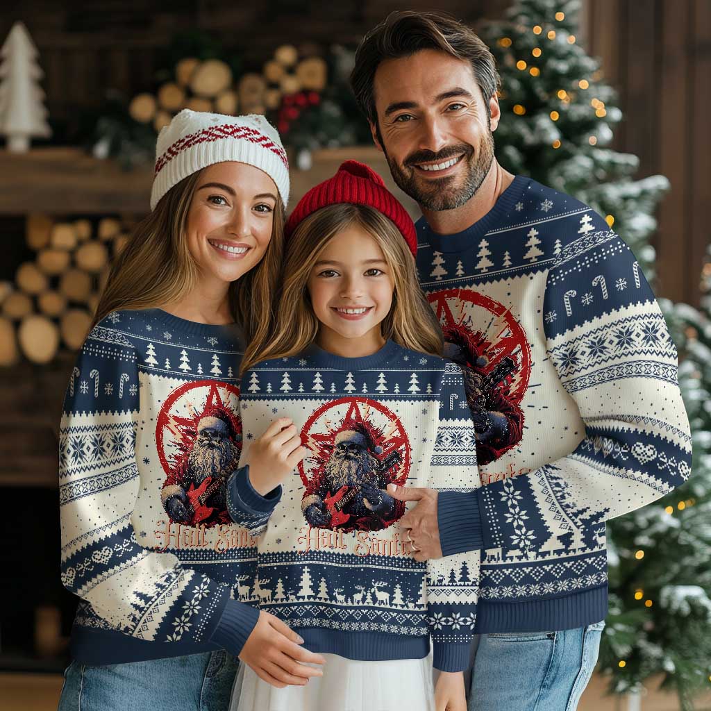 Funny Xmas Hail Santa Ugly Christmas Sweater Sleigher Heavy Metal TS11 Navy Print Your Wear