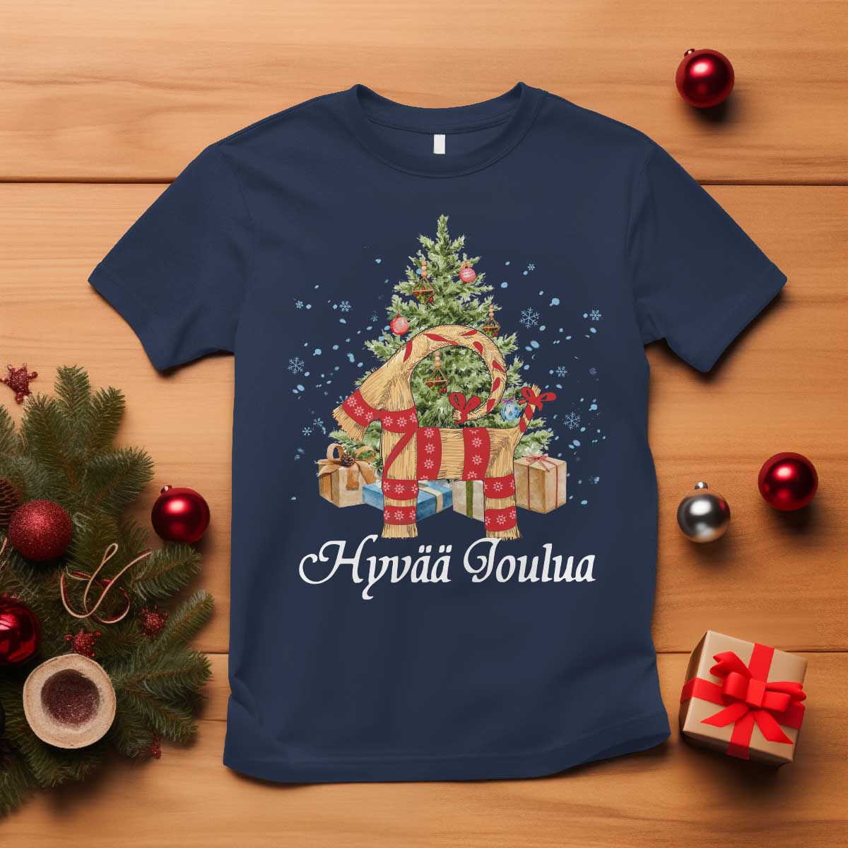 Hyv joulua T Shirt Finland Christmas Yulegoat Xmas Tree Himmeli TS11 Navy Print Your Wear