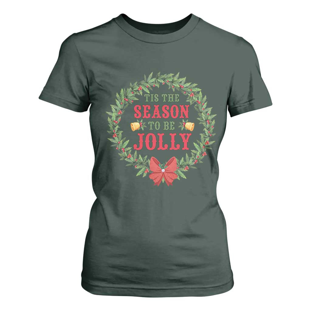 Funny Weed Christmas T Shirt For Women Tis The Season To Be Jolly Xmas Wreath TS11 Dark Forest Green Print Your Wear