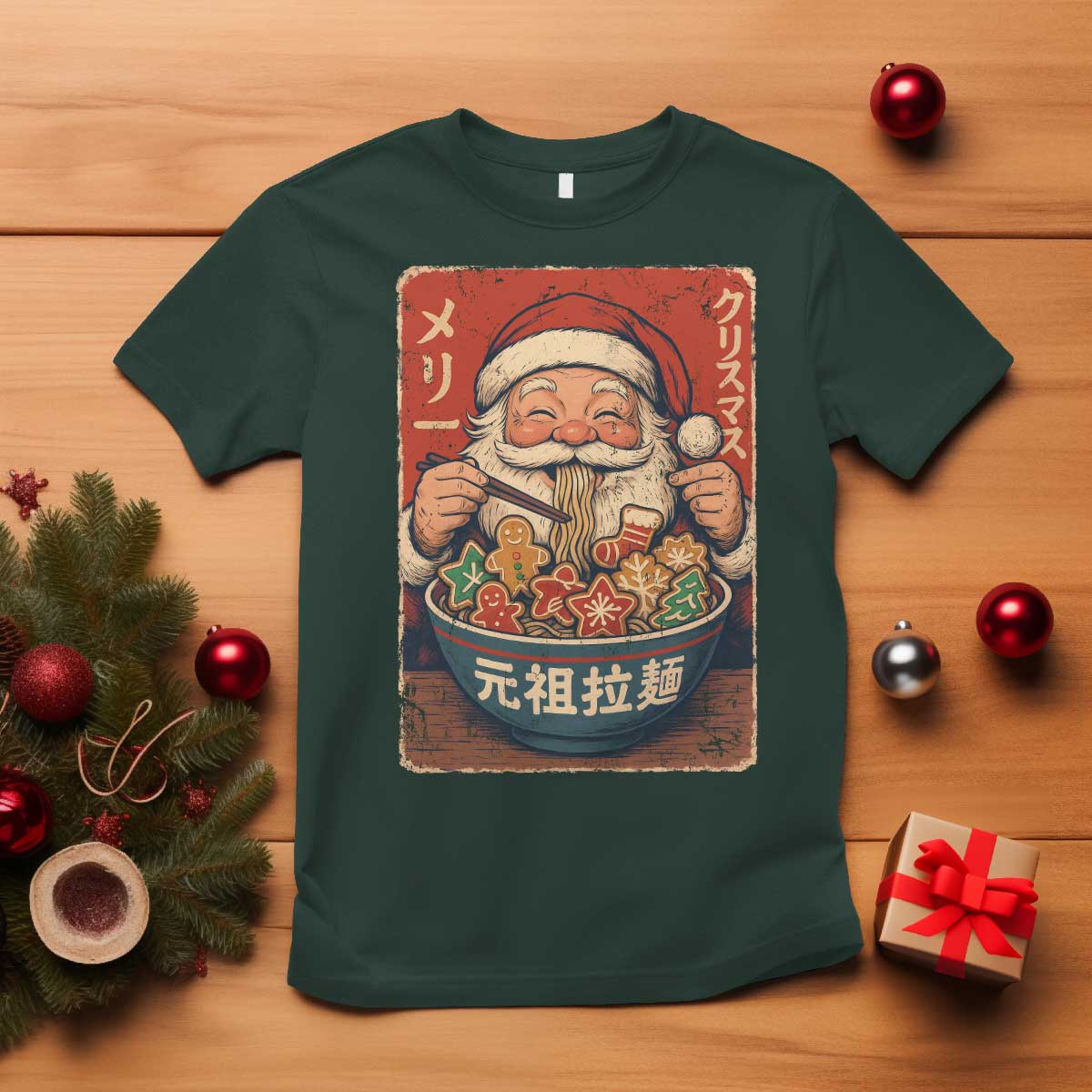 Santa Eating Ramen Noodles Japanese Christmas T Shirt TS11 Dark Forest Green Print Your Wear