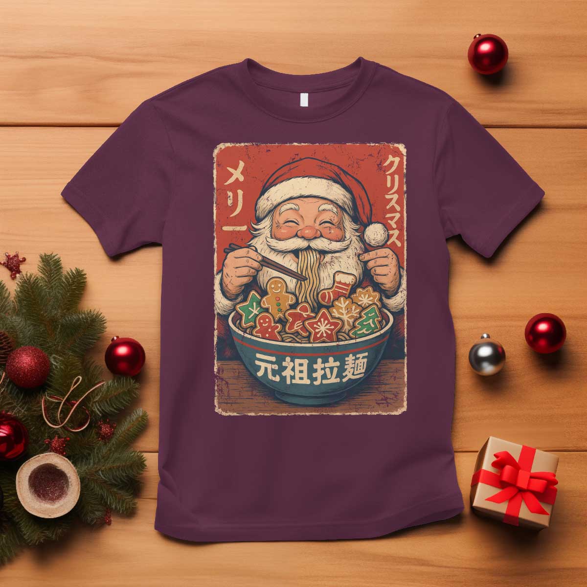 Santa Eating Ramen Noodles Japanese Christmas T Shirt TS11 Maroon Print Your Wear