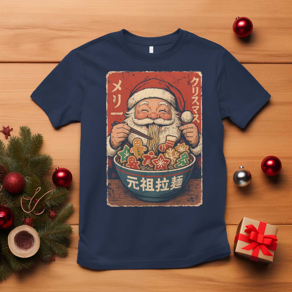Santa Eating Ramen Noodles Japanese Christmas T Shirt TS11 Navy Print Your Wear