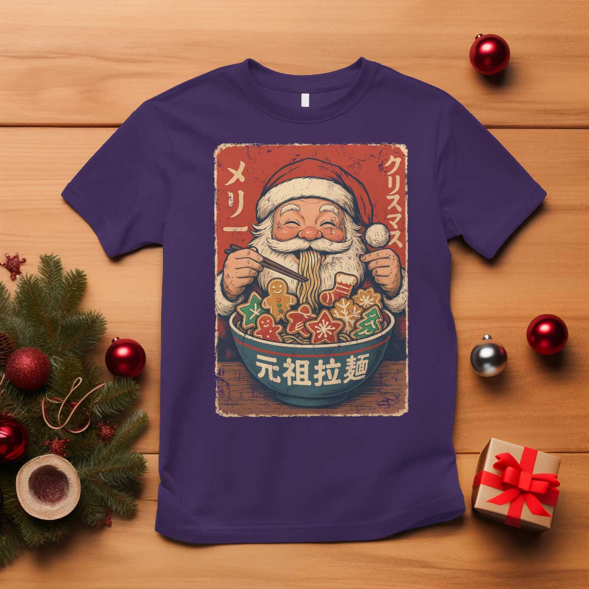 Santa Eating Ramen Noodles Japanese Christmas T Shirt TS11 Purple Print Your Wear