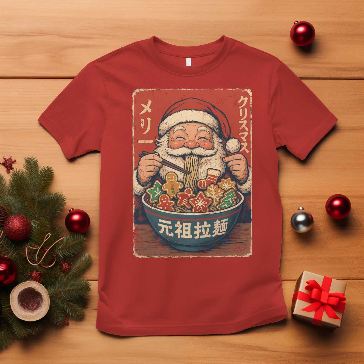 Santa Eating Ramen Noodles Japanese Christmas T Shirt TS11 Red Print Your Wear