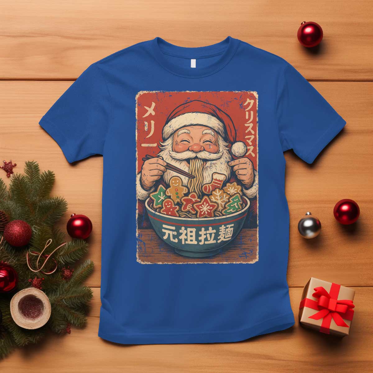 Santa Eating Ramen Noodles Japanese Christmas T Shirt TS11 Royal Blue Print Your Wear