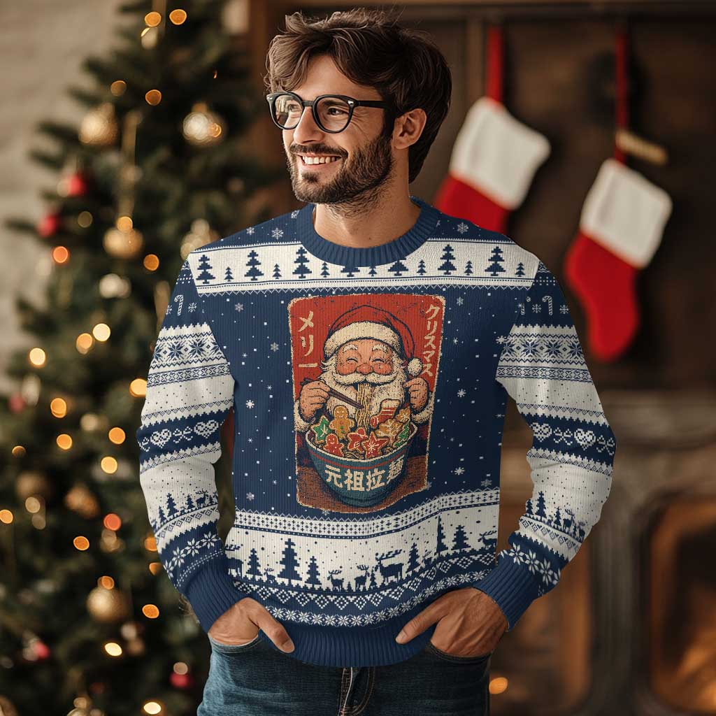 Santa Eating Ramen Noodles Japanese Xmas Ugly Christmas Sweater - Print Your Wear