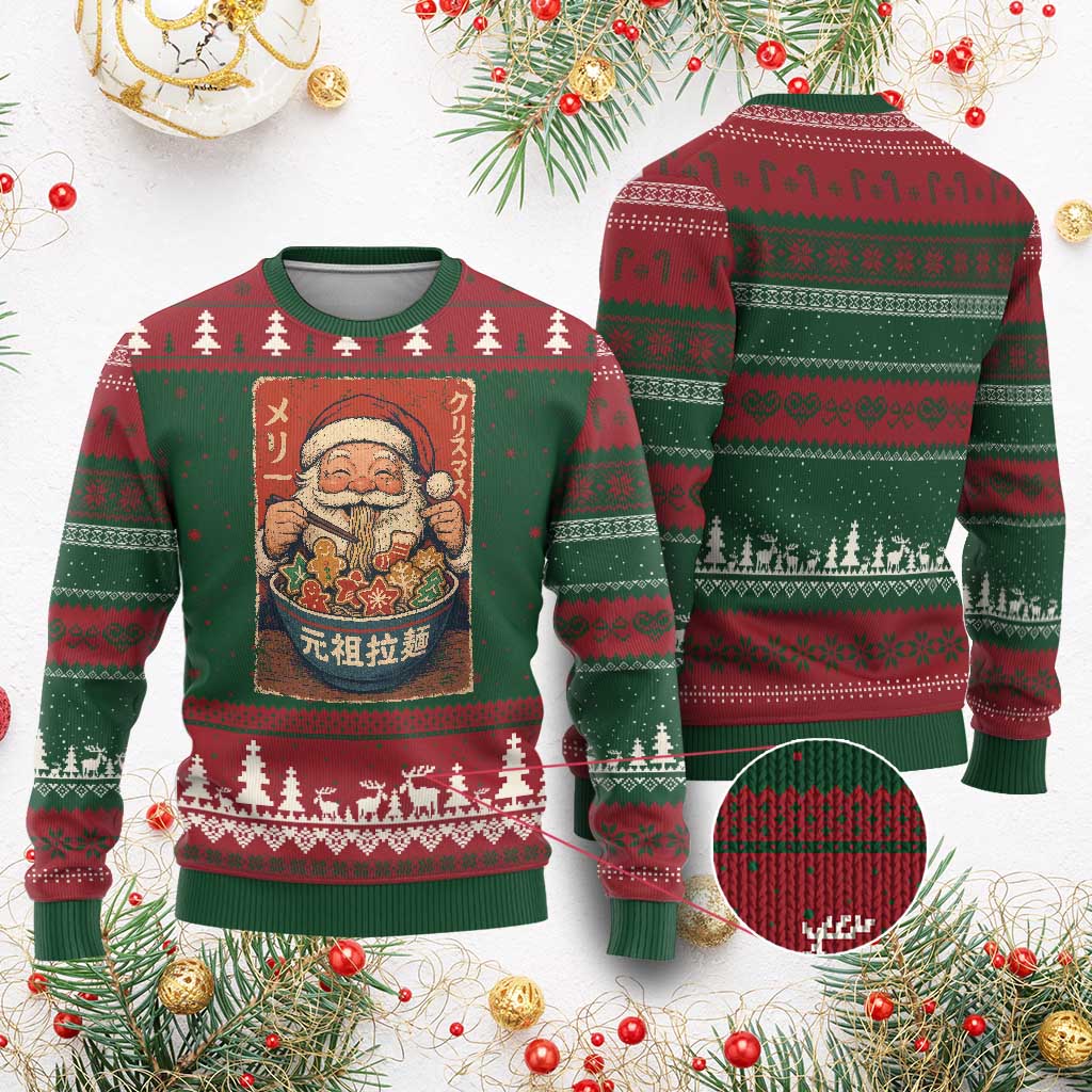 Santa Eating Ramen Noodles Japanese Xmas Ugly Christmas Sweater - Print Your Wear