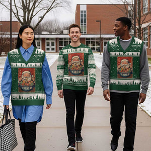 Santa Eating Ramen Noodles Japanese Xmas V-Neck Knit Sweater Vest TS11 Forest Green Beige Print Your Wear