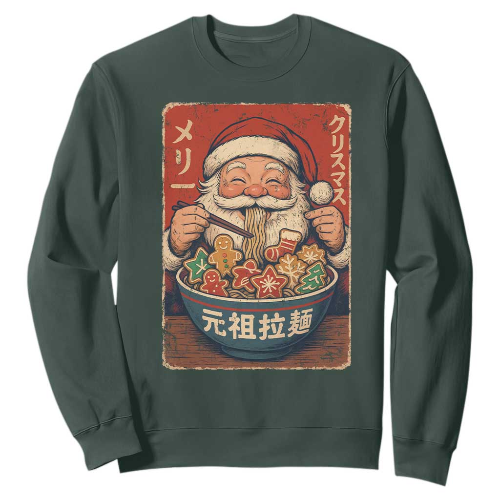 Santa Eating Ramen Noodles Japanese Christmas Sweatshirt TS11 Dark Forest Green Print Your Wear