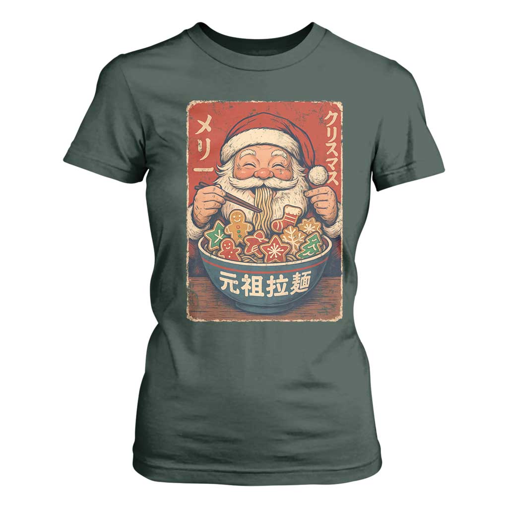 Santa Eating Ramen Noodles Japanese Christmas T Shirt For Women TS11 Dark Forest Green Print Your Wear