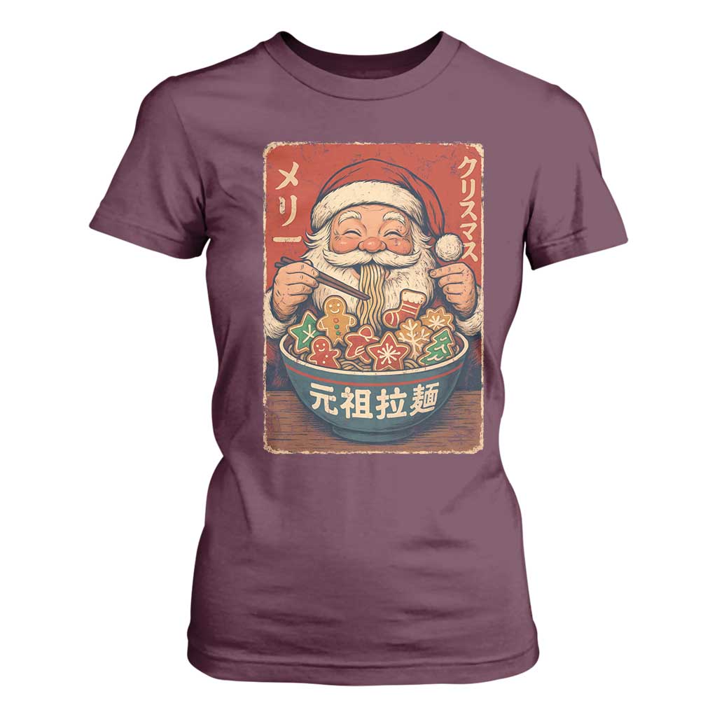 Santa Eating Ramen Noodles Japanese Christmas T Shirt For Women TS11 Maroon Print Your Wear