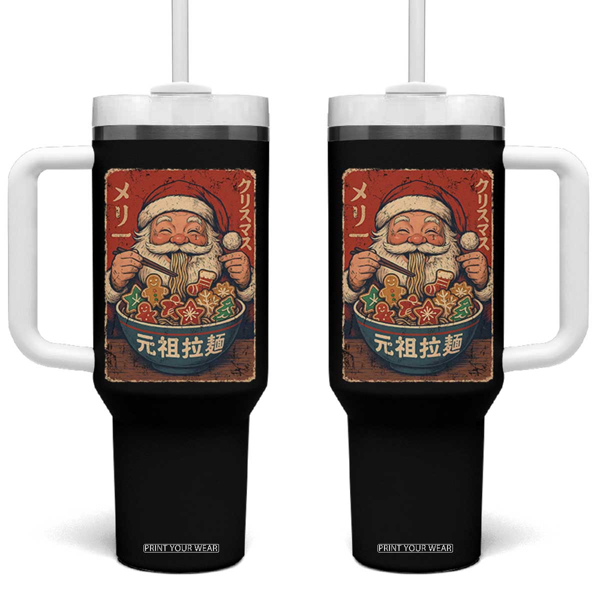 Santa Eating Ramen Noodles Japanese Christmas Tumbler With Handle TS11 One Size: 40 oz Black Print Your Wear