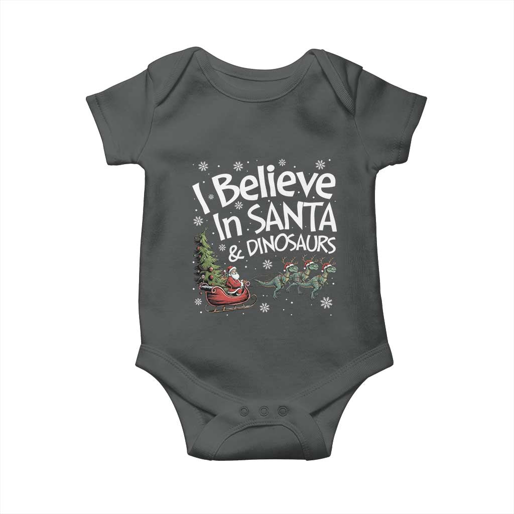 Funny Christmas Dino Baby Onesie I Believe In Santa And Dinosaur TS11 Dark Heather Print Your Wear