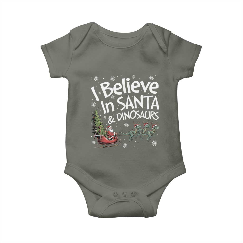 Funny Christmas Dino Baby Onesie I Believe In Santa And Dinosaur TS11 Military Green Print Your Wear