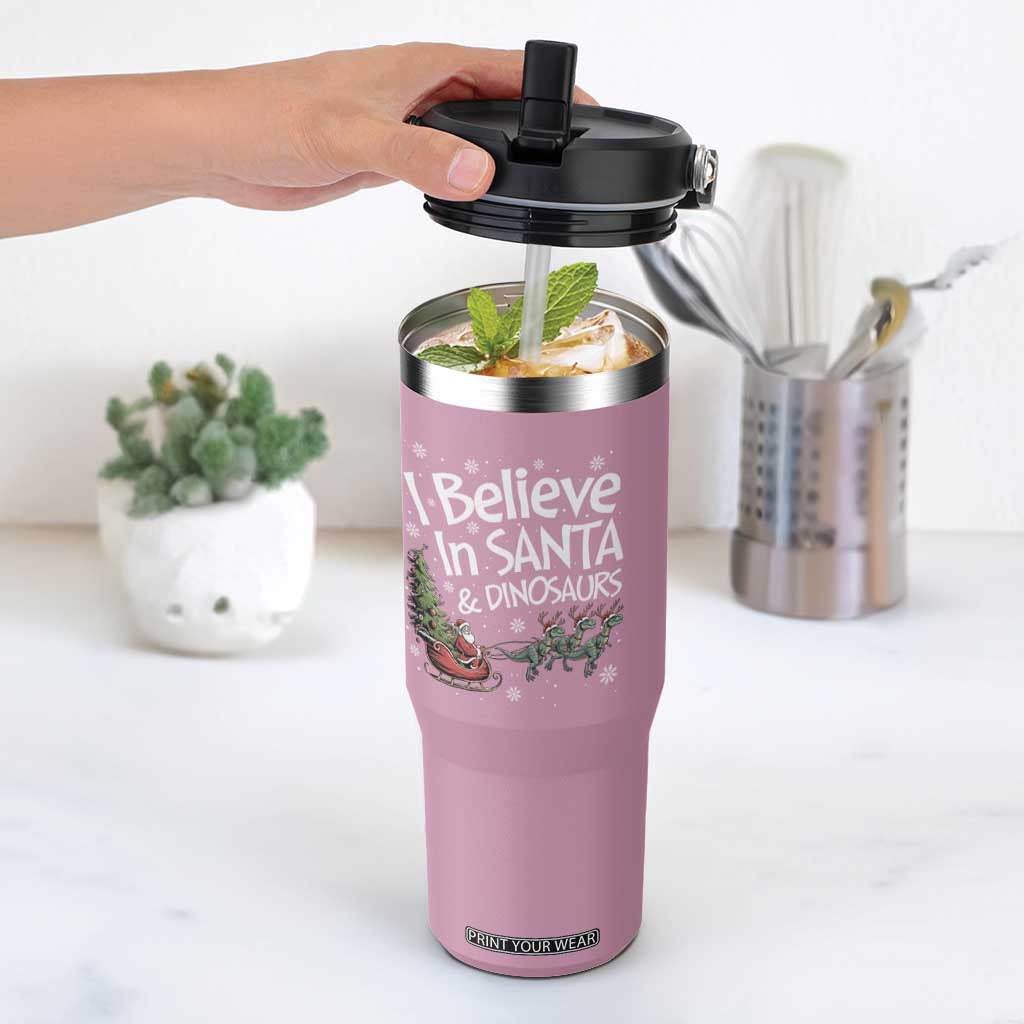 Funny Christmas Dino Flip Straw Tumbler I Believe In Santa And Dinosaur TS11 One Size: 30 oz Light Pink Print Your Wear