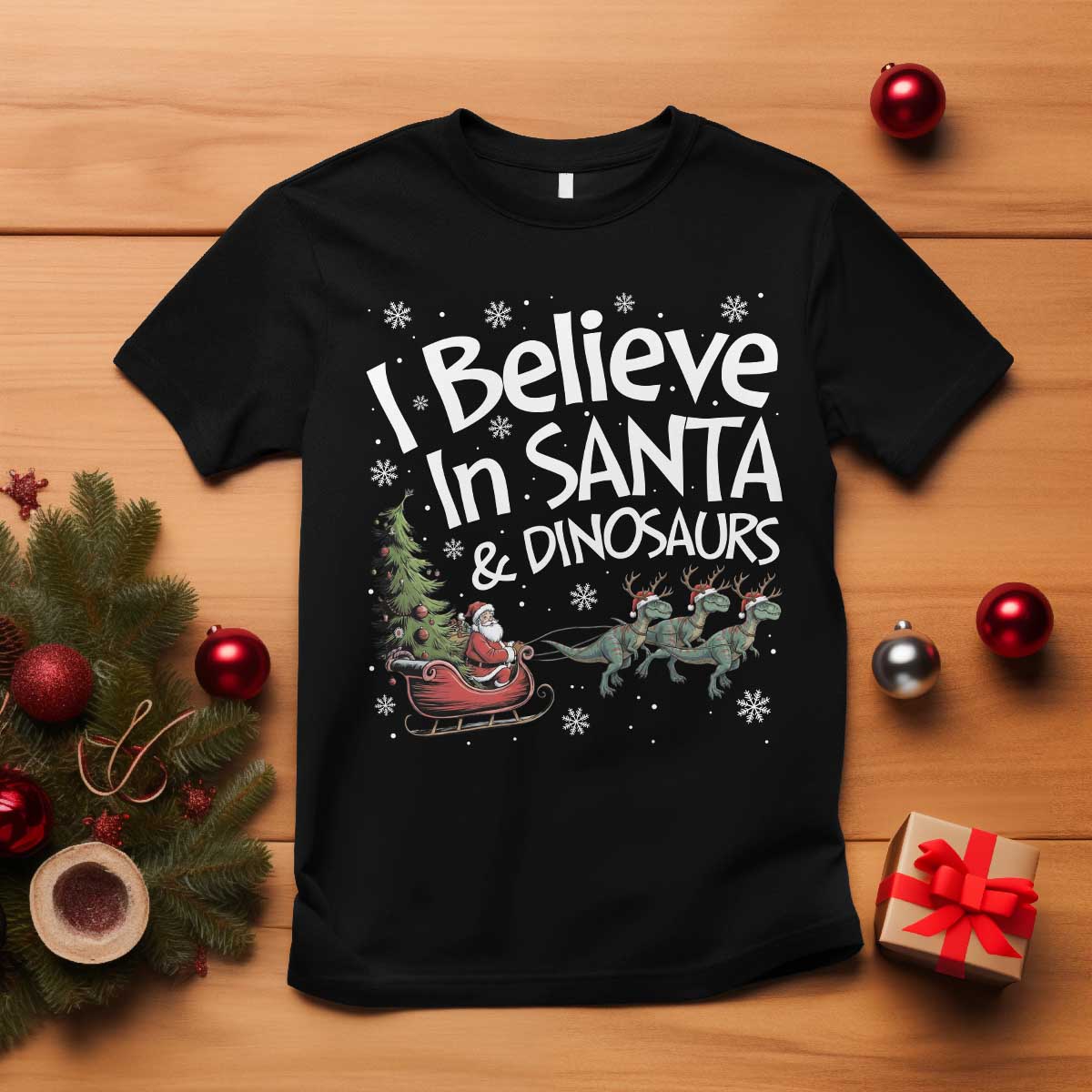Funny Christmas Dino T Shirt I Believe In Santa And Dinosaur TS11 Black Print Your Wear