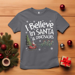 Funny Christmas Dino T Shirt I Believe In Santa And Dinosaur TS11 Charcoal Print Your Wear