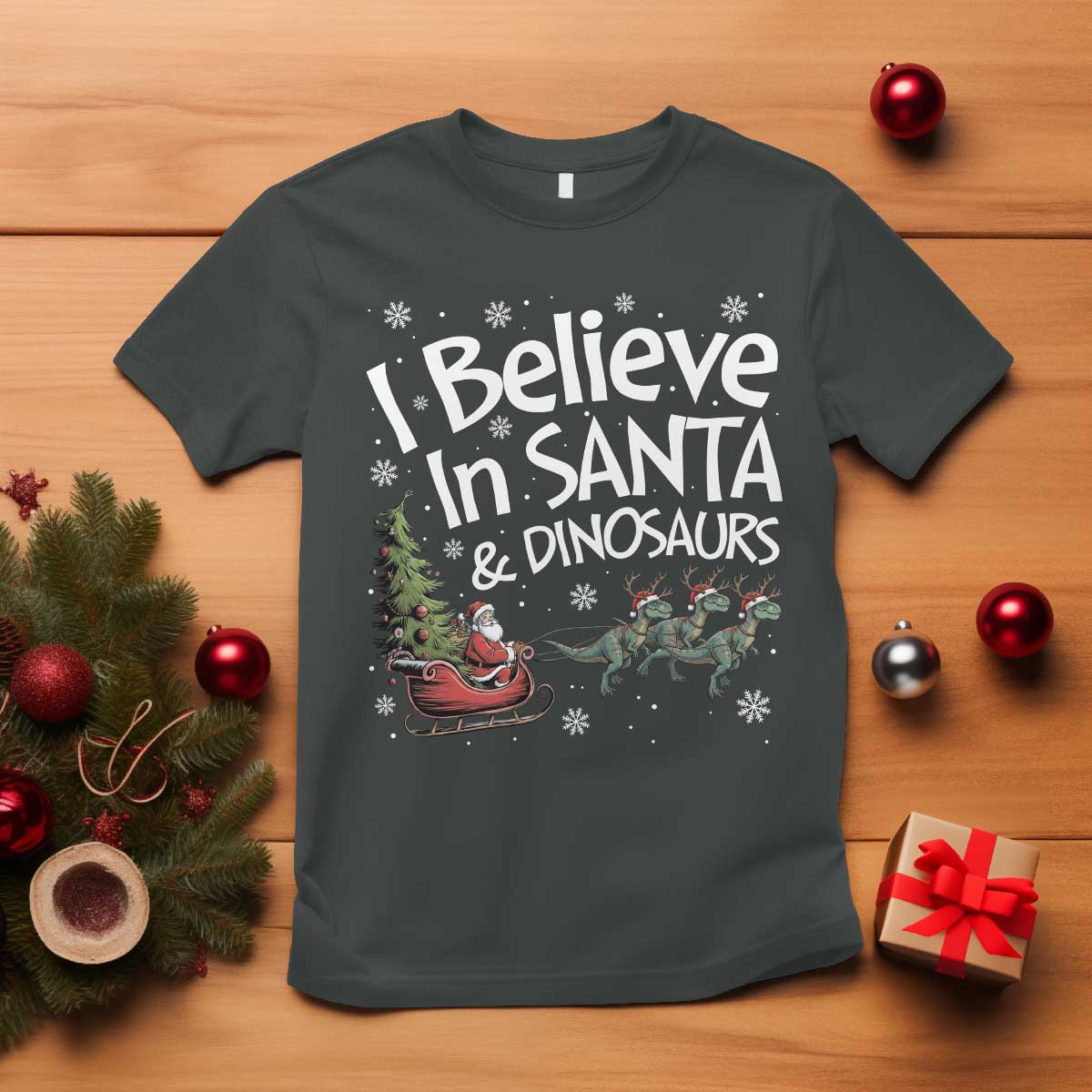Funny Christmas Dino T Shirt I Believe In Santa And Dinosaur TS11 Dark Heather Print Your Wear