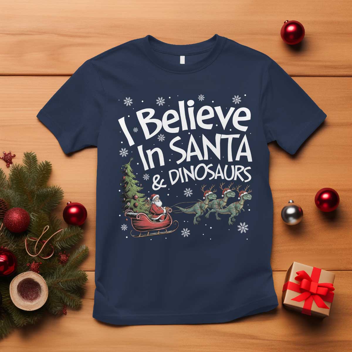 Funny Christmas Dino T Shirt I Believe In Santa And Dinosaur TS11 Navy Print Your Wear
