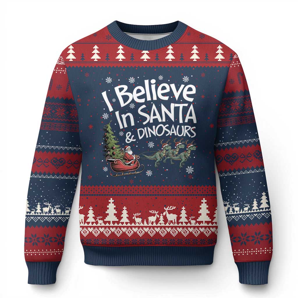 Funny Christmas Dino Ugly Christmas Sweater I Believe In Santa And Dinosaur TS11 Navy Red Print Your Wear