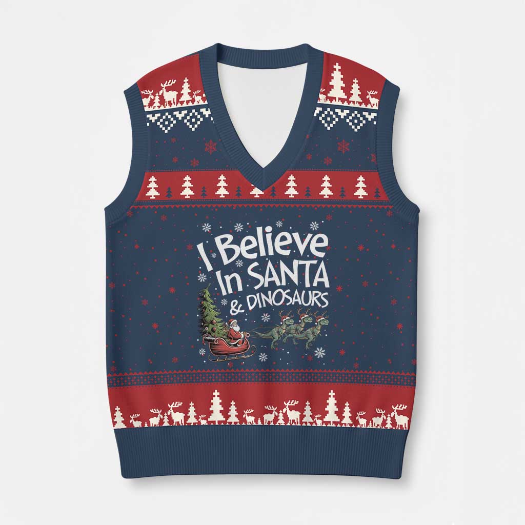 Funny Christmas Dino V-Neck Knit Sweater Vest I Believe In Santa And Dinosaur TS11 Navy Red Print Your Wear