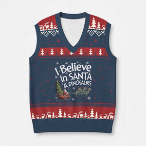 Funny Christmas Dino V-Neck Knit Sweater Vest I Believe In Santa And Dinosaur TS11 Navy Red Print Your Wear