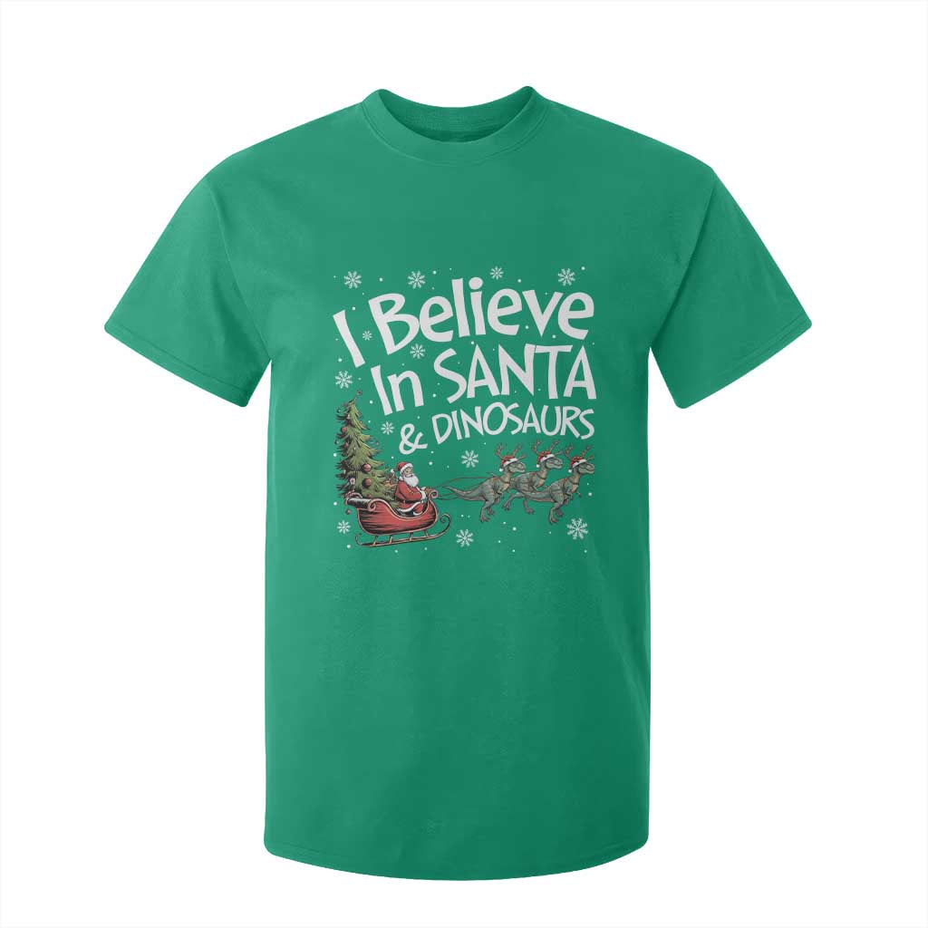Funny Christmas Dino T Shirt For Kid I Believe In Santa And Dinosaur TS11 Irish Green Print Your Wear