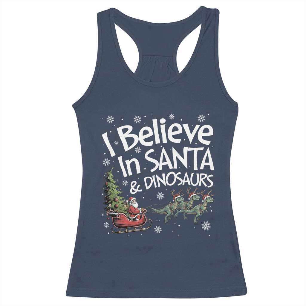 Funny Christmas Dino Racerback Tank Top I Believe In Santa And Dinosaur TS11 Navy Print Your Wear