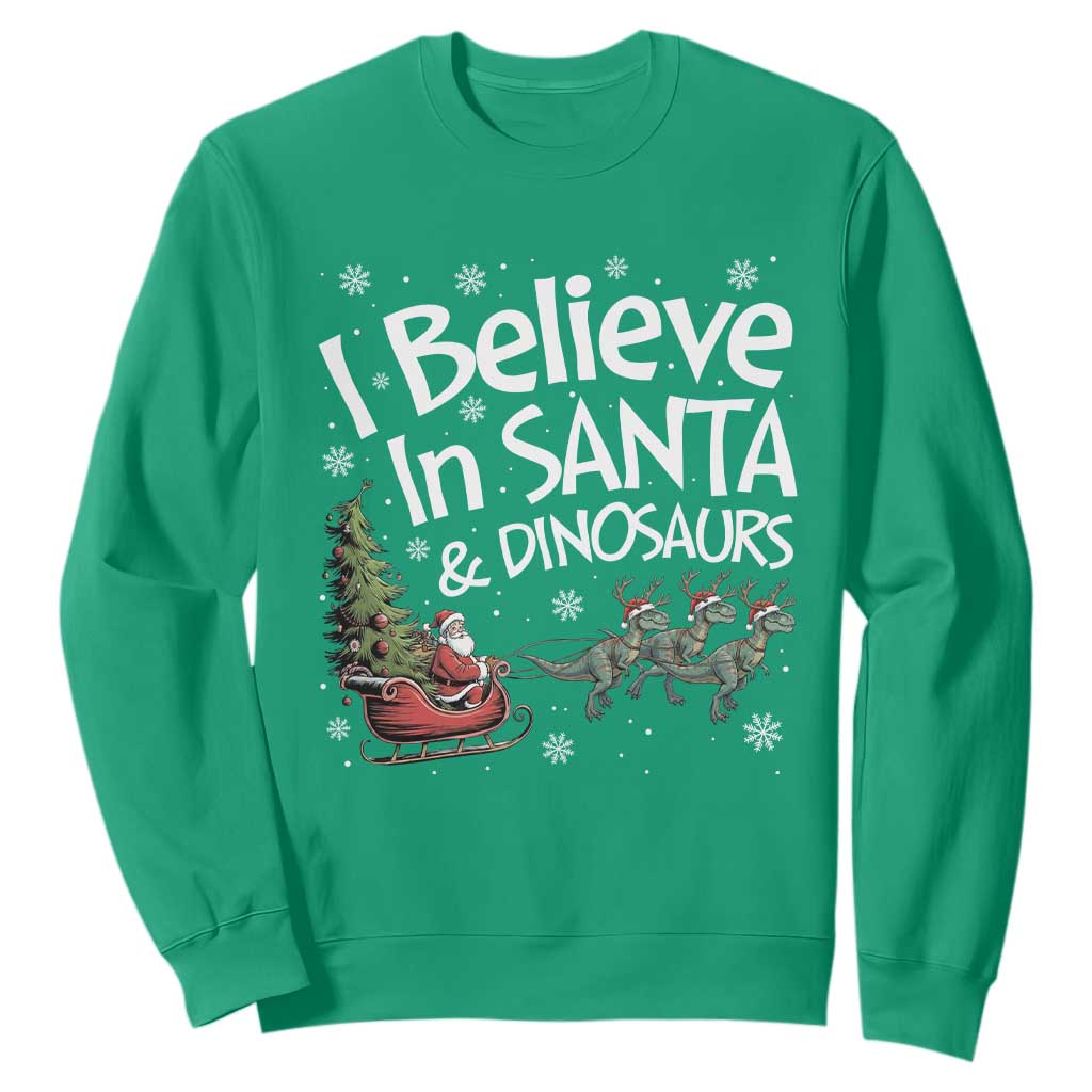 Funny Christmas Dino Sweatshirt I Believe In Santa And Dinosaur TS11 Irish Green Print Your Wear
