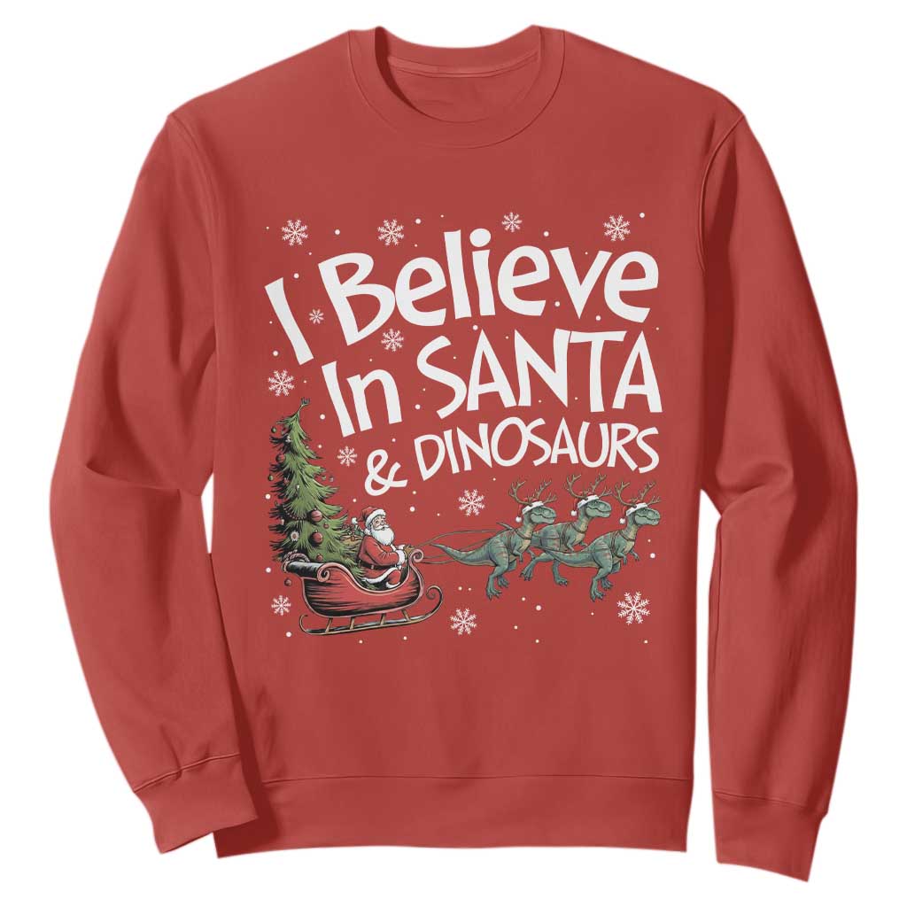 Funny Christmas Dino Sweatshirt I Believe In Santa And Dinosaur TS11 Red Print Your Wear