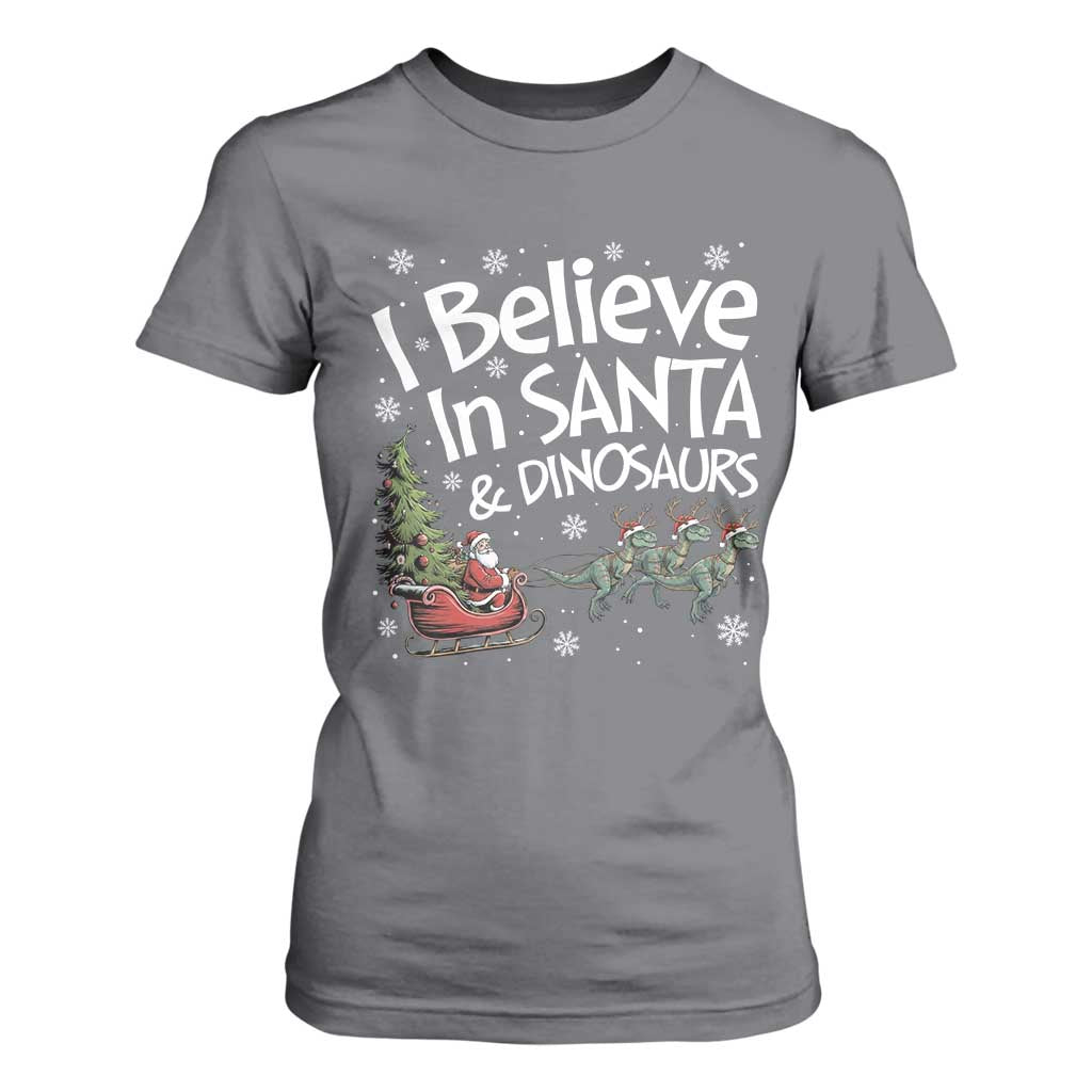 Funny Christmas Dino T Shirt For Women I Believe In Santa And Dinosaur TS11 Charcoal Print Your Wear