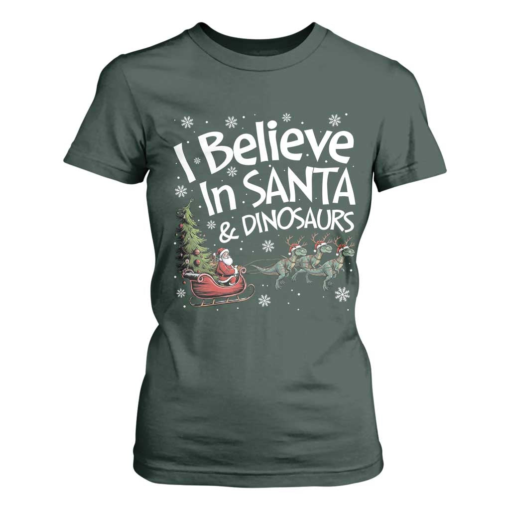 Funny Christmas Dino T Shirt For Women I Believe In Santa And Dinosaur TS11 Dark Forest Green Print Your Wear