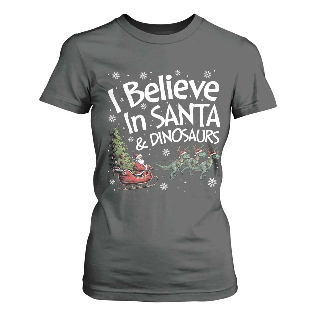 Funny Christmas Dino T Shirt For Women I Believe In Santa And Dinosaur TS11 Dark Heather Print Your Wear