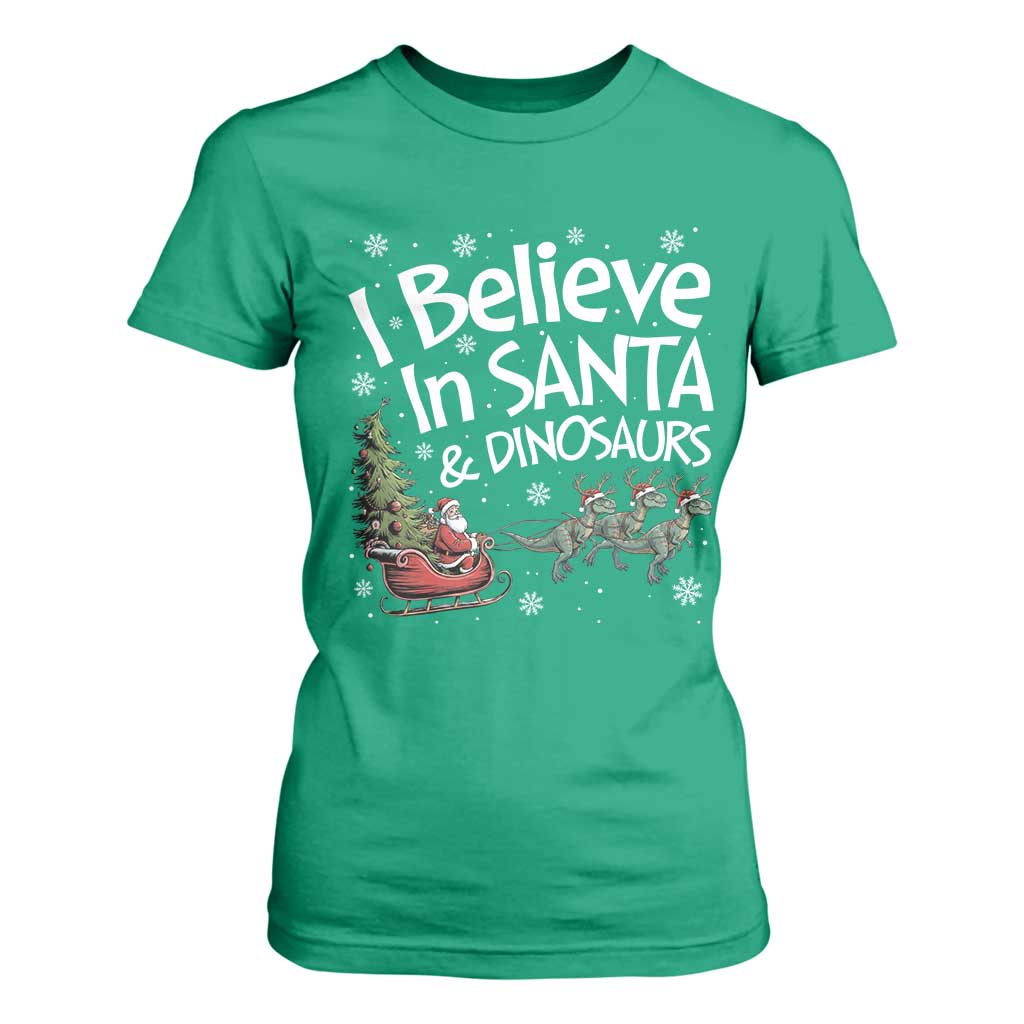 Funny Christmas Dino T Shirt For Women I Believe In Santa And Dinosaur TS11 Irish Green Print Your Wear