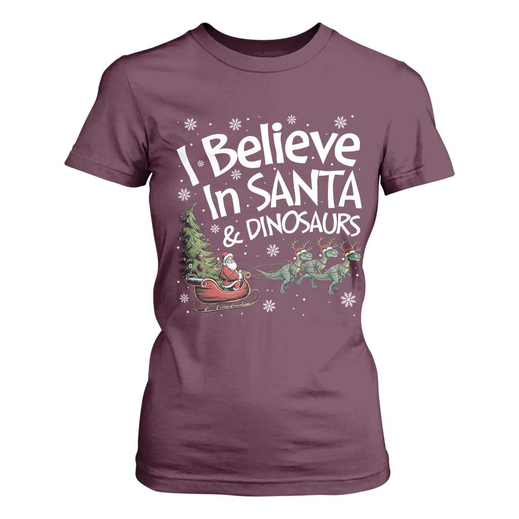 Funny Christmas Dino T Shirt For Women I Believe In Santa And Dinosaur TS11 Maroon Print Your Wear