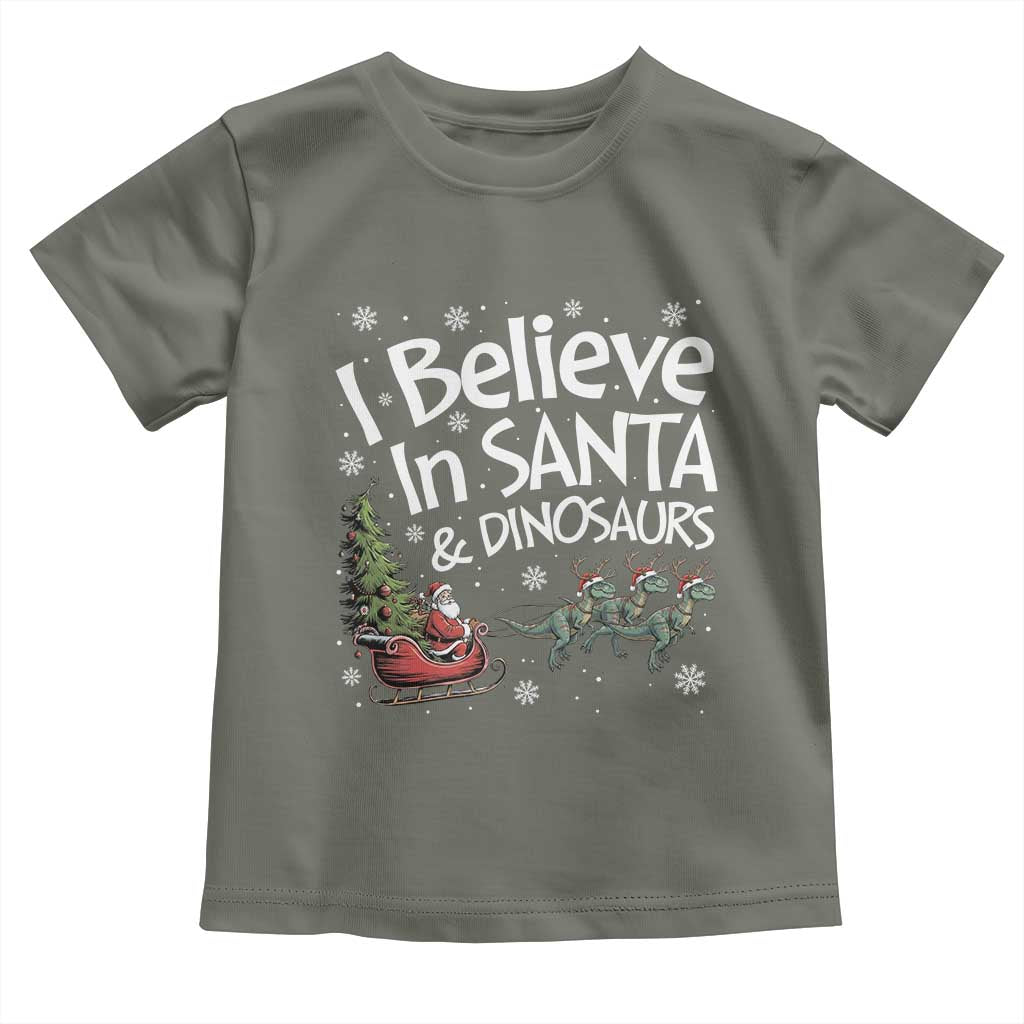 Funny Christmas Dino Toddler T Shirt I Believe In Santa And Dinosaur TS11 Military Green Print Your Wear