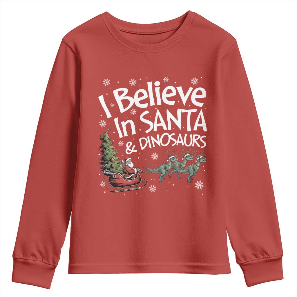Funny Christmas Dino Youth Sweatshirt I Believe In Santa And Dinosaur TS11 Red Print Your Wear