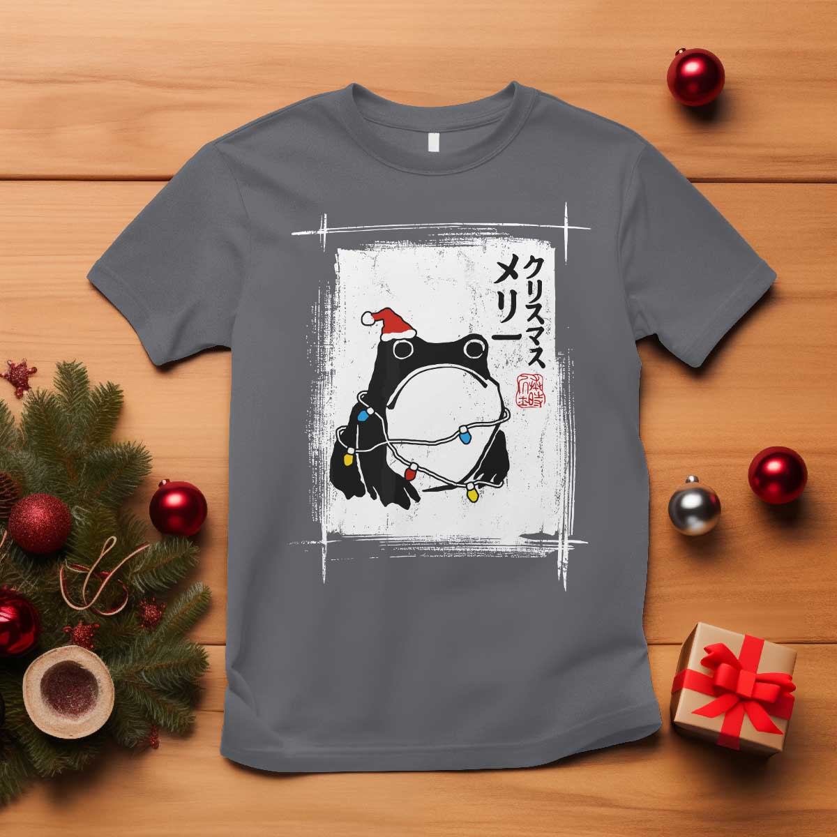 Funny Christmas Japanese T Shirt Santa Frog Ukiyoe Art TS11 Charcoal Print Your Wear