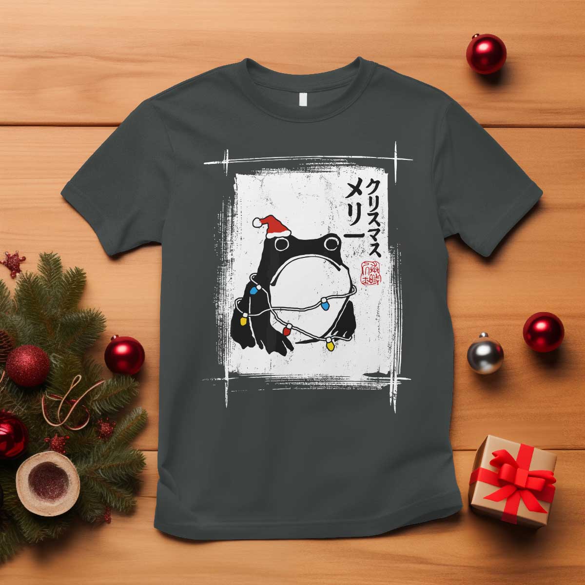 Funny Christmas Japanese T Shirt Santa Frog Ukiyoe Art TS11 Dark Heather Print Your Wear