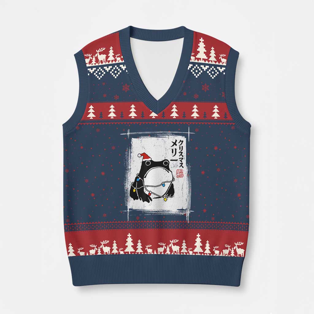 Funny Xmas Japanese V-Neck Knit Sweater Vest Santa Frog Ukiyoe Art TS11 Navy Red Print Your Wear