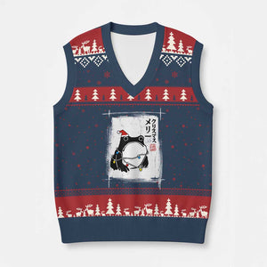 Funny Xmas Japanese V-Neck Knit Sweater Vest Santa Frog Ukiyoe Art TS11 Navy Red Print Your Wear