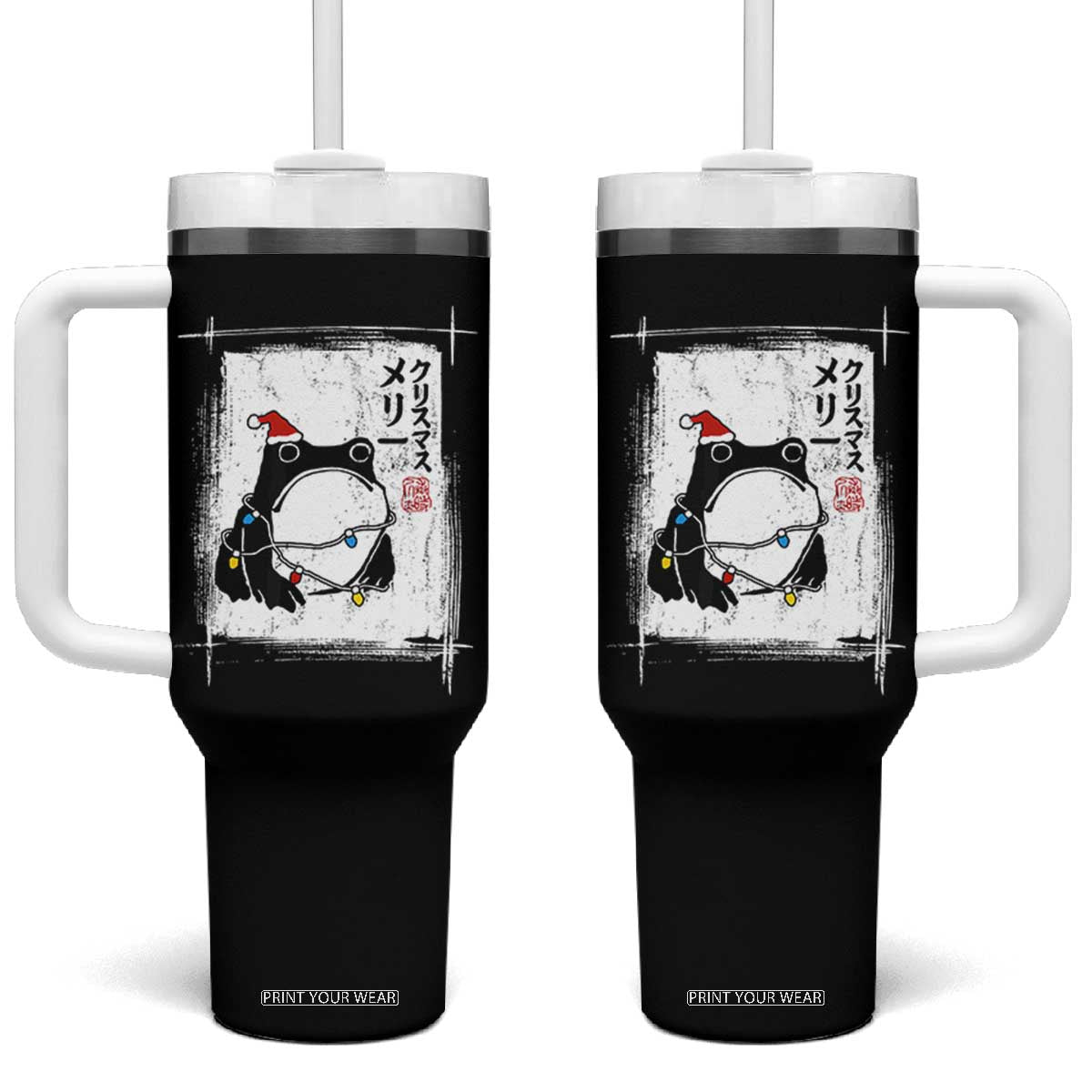 Funny Christmas Japanese Tumbler With Handle Santa Frog Ukiyoe Art TS11 One Size: 40 oz Black Print Your Wear