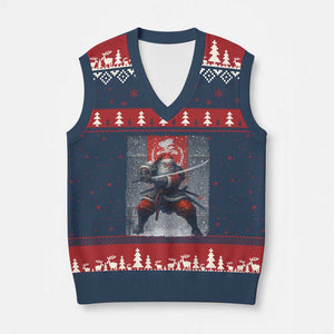 Xmas Samurai Santa V-Neck Knit Sweater Vest Japanese Xmas Warrior Sword Katana TS11 Navy Red Print Your Wear