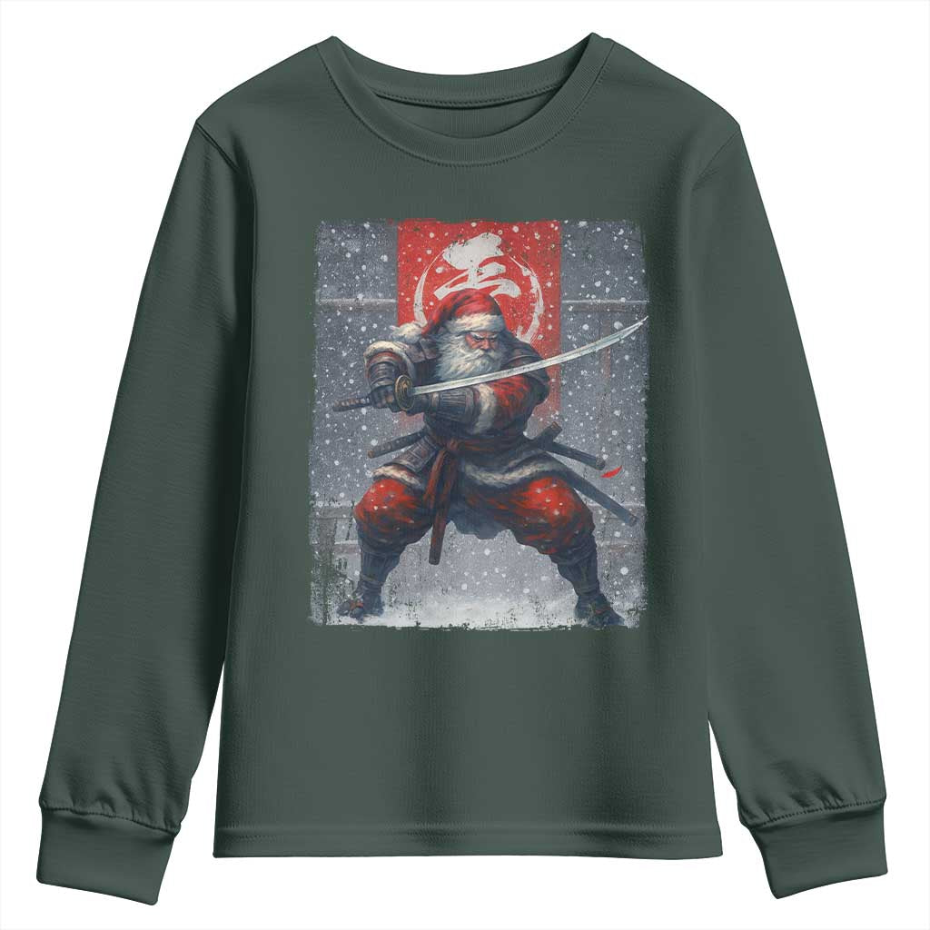 Christmas Samurai Santa Youth Sweatshirt Japanese Xmas Warrior Sword Katana TS11 Dark Forest Green Print Your Wear