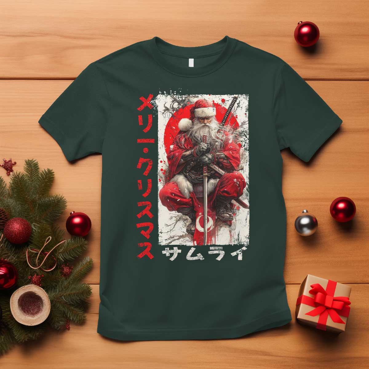 Christmas Samurai Santa T Shirt Japanese Xmas Warrior Ukiyo-e Art TS11 Dark Forest Green Print Your Wear