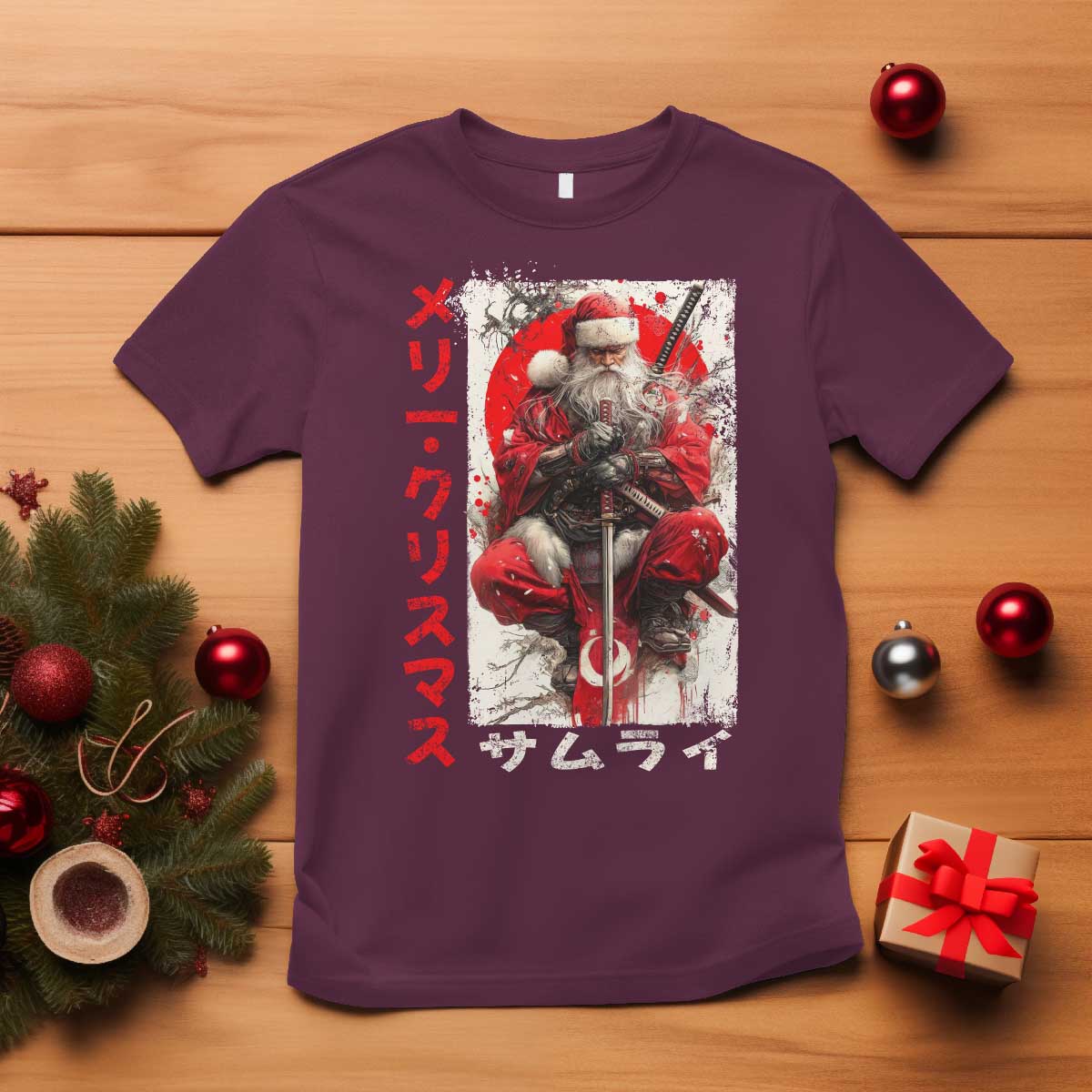 Christmas Samurai Santa T Shirt Japanese Xmas Warrior Ukiyo-e Art TS11 Maroon Print Your Wear