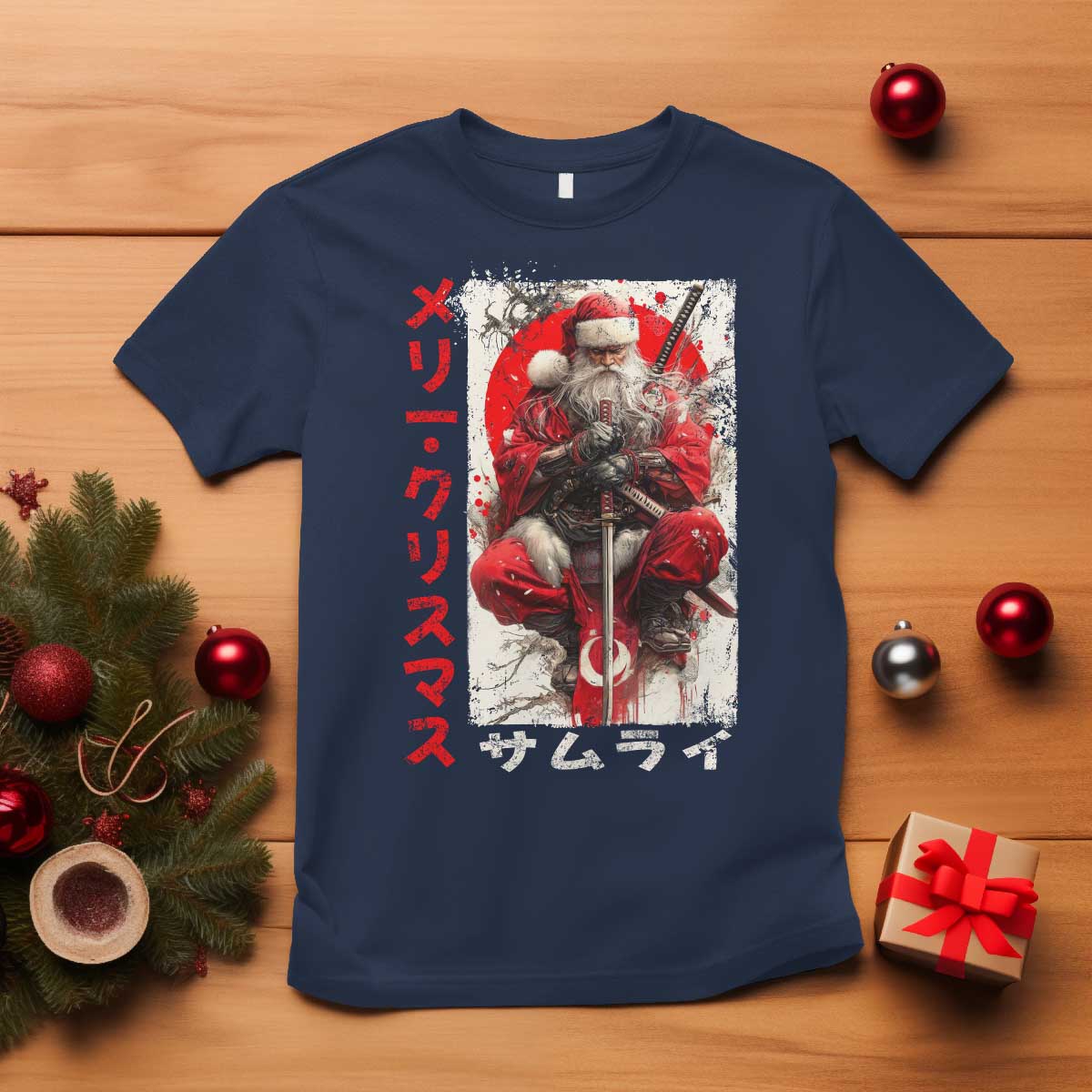 Christmas Samurai Santa T Shirt Japanese Xmas Warrior Ukiyo-e Art TS11 Navy Print Your Wear