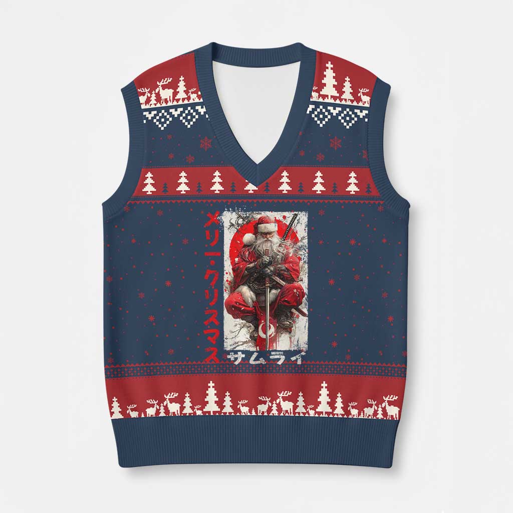 Xmas Samurai Santa V-Neck Knit Sweater Vest Japanese Xmas Warrior Ukiyo-e Art TS11 Navy Red Print Your Wear